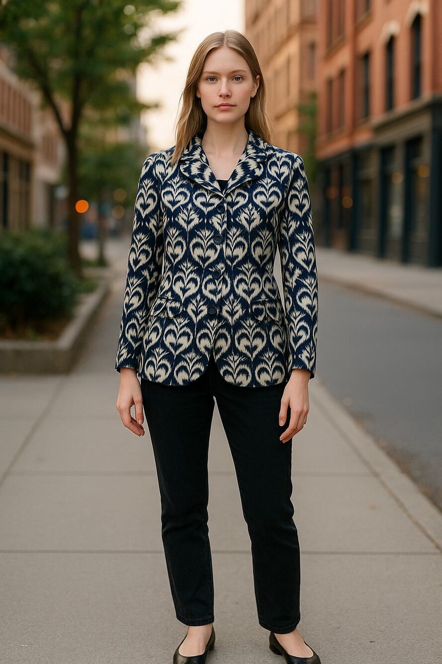 Ellen Tracy Blue and White Ikat Blazer Three Buttons Rounded Flat Collar Size 0